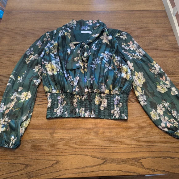 EUC Greylin Anthropologie womens medium Estelle tie neck blouse green floral - Picture 2 of 8